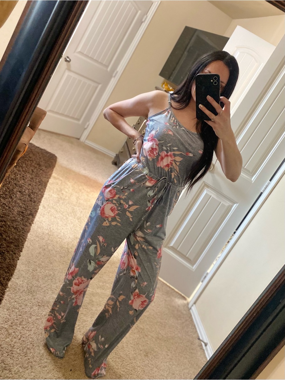 Women's floral print gray spaghetti strap wide leg stretch jumpsuit S
